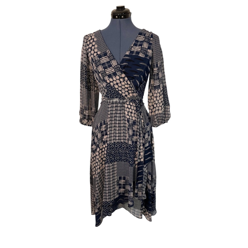 DKNY Blue Patchwork Print Faux Wrap Dress Balloon Sleeve Asymm Layered Sheer 4